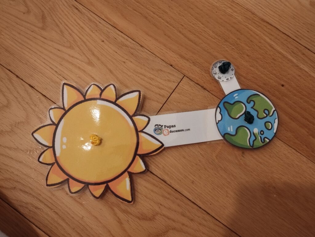 Modelo didáctico de la rotación y traslación de la Tierra. Manualidad con piezas móviles del Sol, la Tierra y la Luna ensambladas con cuerda o encuadernador.