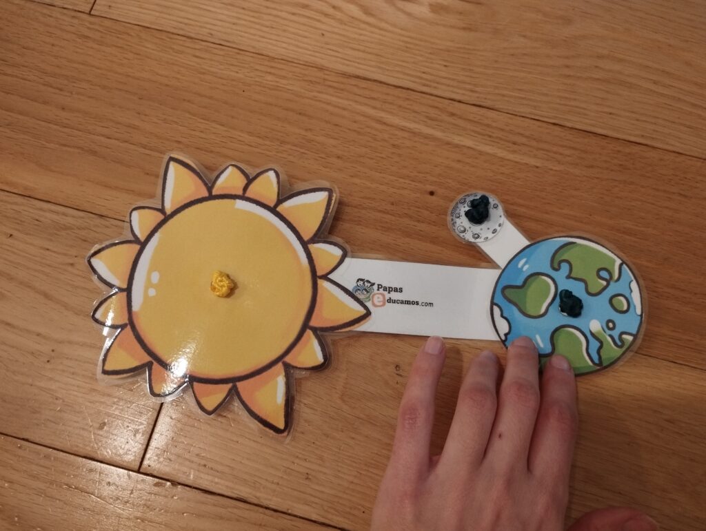 Manualidad educativa del movimiento de la Tierra y la Luna alrededor del Sol. Modelo ensamblado con piezas recortables para ilustrar la rotación y traslación.