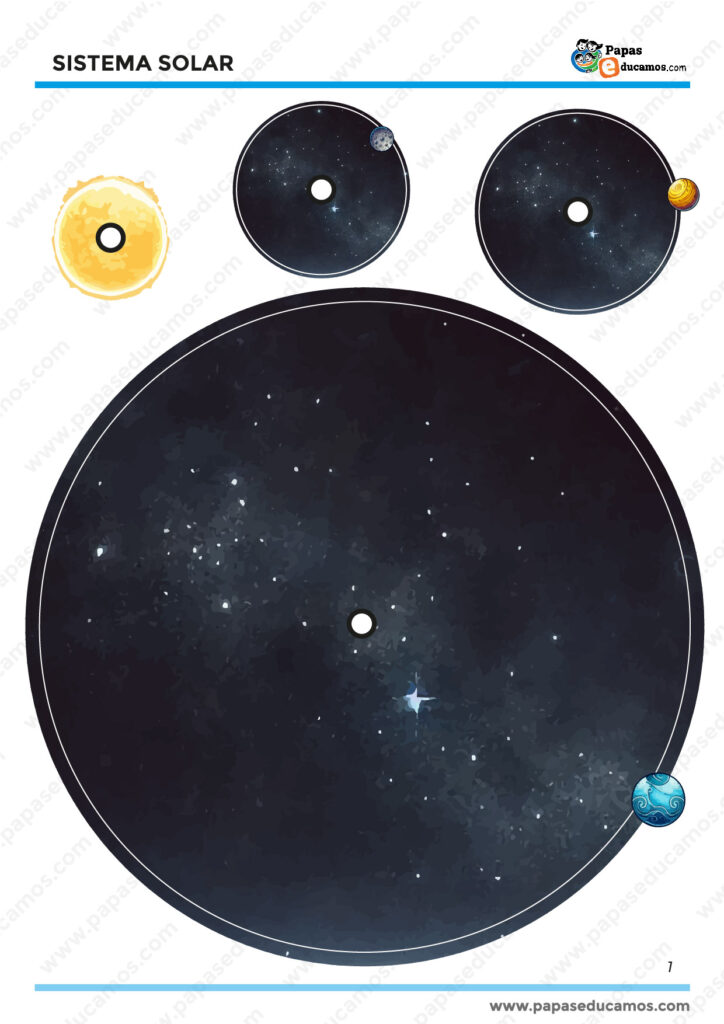 Sistema Solar recortable con ilustraciones de los planetas y el Sol. Material didáctico para enseñar astronomía a niños de forma visual y manipulativa.