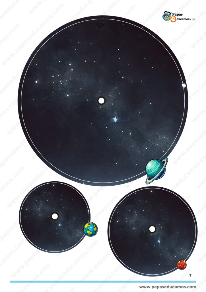 Plantilla recortable del Sistema Solar con discos móviles. Incluye planetas como la Tierra, Saturno y Marte para ilustrar su movimiento alrededor del Sol.