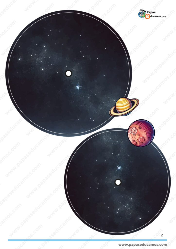 Modelo interactivo del Sistema Solar con piezas recortables. Representación gráfica del espacio con los planetas y su órbita alrededor del Sol.