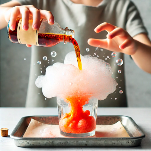 Experimento casero de volcán en erupción utilizando un vaso. Un vaso transparente sobre una bandeja contiene una mezcla burbujeante de color rojo y naranja, creada con bicarbonato de sodio y vinagre. Un niño vierte vinagre desde una pequeña botella, provocando la reacción. Escena educativa y divertida con materiales caseros.