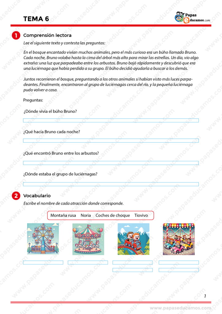 Ejercicios de comprensión lectora y vocabulario - Segundo de Primaria. Cuento sobre un búho y una luciérnaga con preguntas de comprensión. Actividad para identificar nombres de atracciones de feria: montaña rusa, noria, coches de choque y tiovivo.