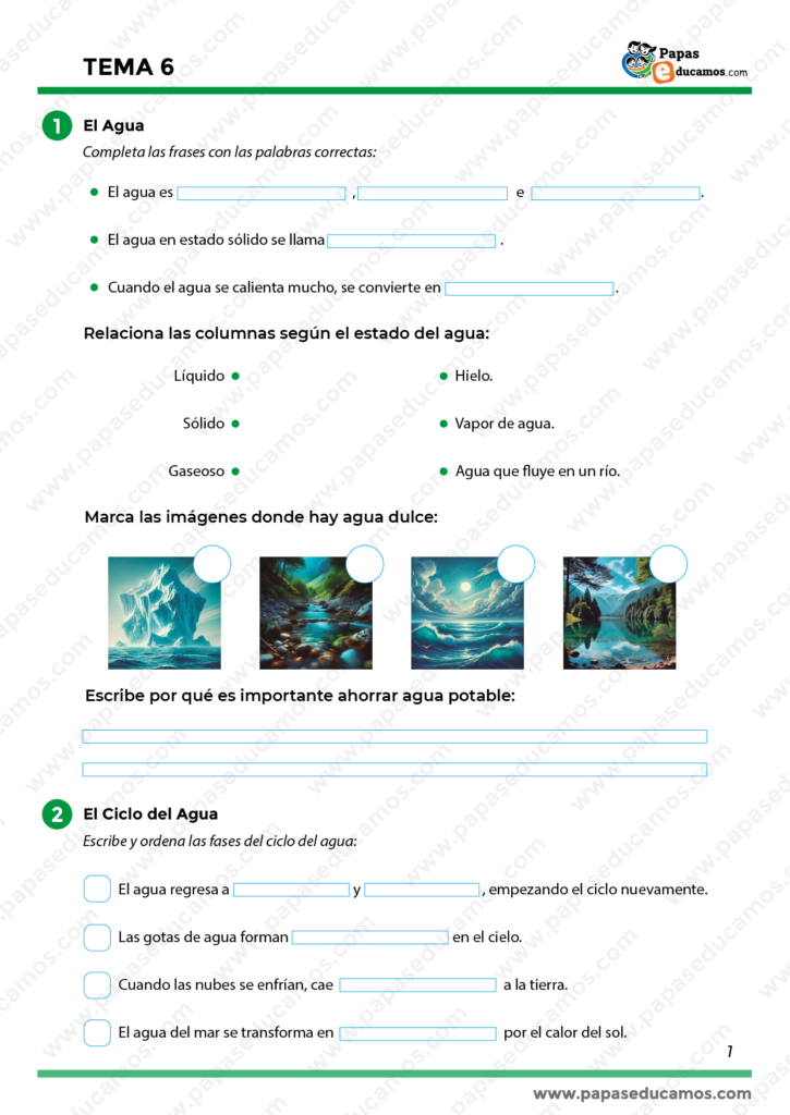 Actividades sobre los estados del agua (líquido, sólido y gaseoso), identificación de fuentes de agua dulce, y ejercicios sobre el ciclo del agua.