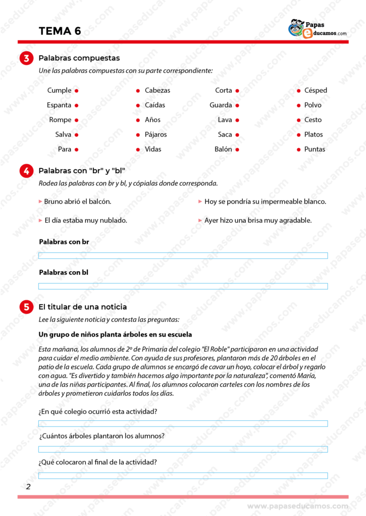 Ejercicios de palabras compuestas, ortografía con 'br' y 'bl' y comprensión de noticias - Segundo de Primaria. Unión de palabras para formar compuestos, identificación de palabras con 'br' y 'bl', y lectura de una noticia sobre niños que plantan árboles.