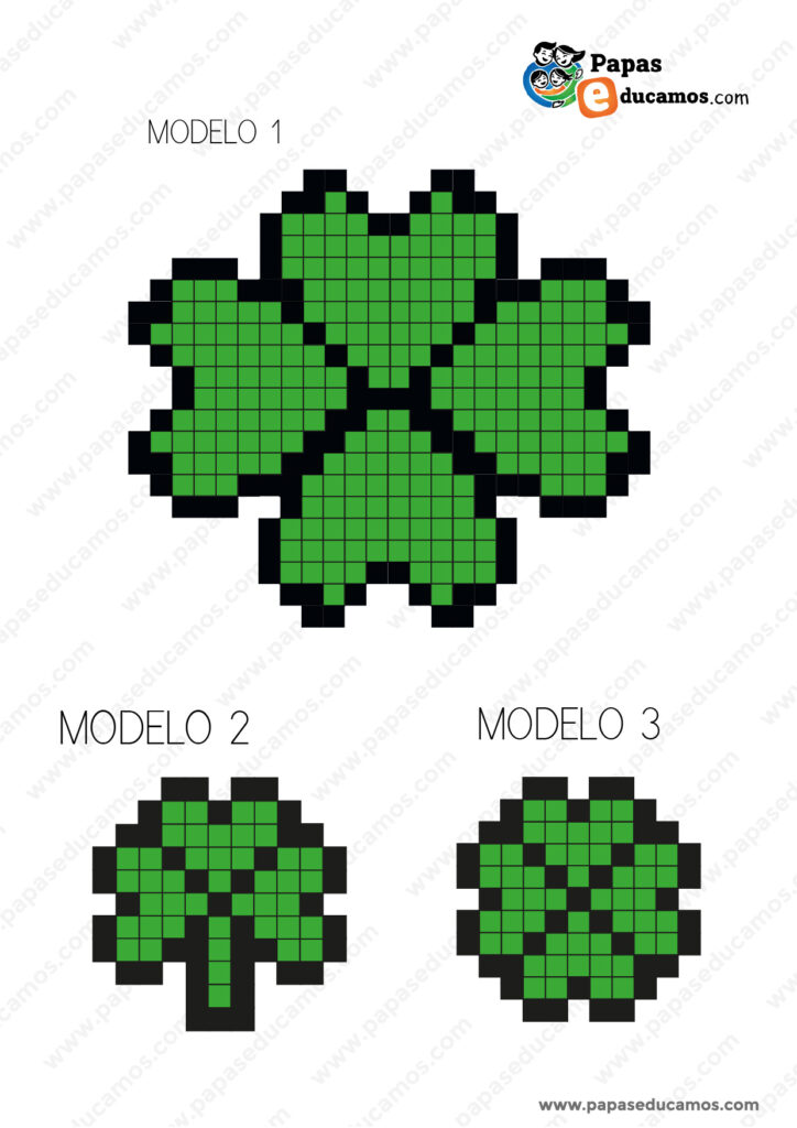 Patrón de tréboles de cuatro hojas en estilo pixel art con tres modelos diferentes, diseñado para manualidades con Hama Beads en St. Patrick’s Day.