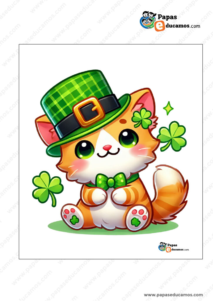 Dibujo de un tierno gato con un sombrero de duende verde y tréboles, ideal para actividades de St. Patrick’s Day.