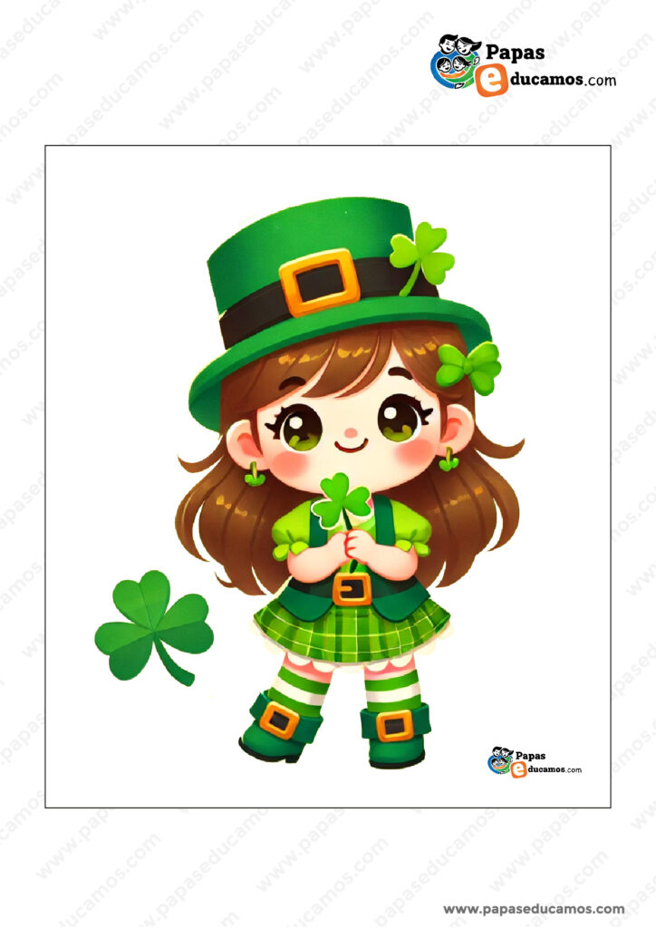 Ilustración de una niña vestida con atuendo tradicional de St. Patrick’s Day, sosteniendo un trébol de la suerte.