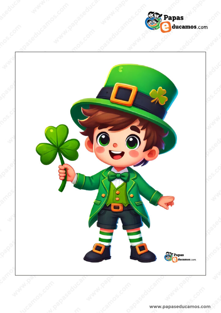 Dibujo de un niño disfrazado de duende irlandés con un trébol en la mano, celebrando St. Patrick’s Day.