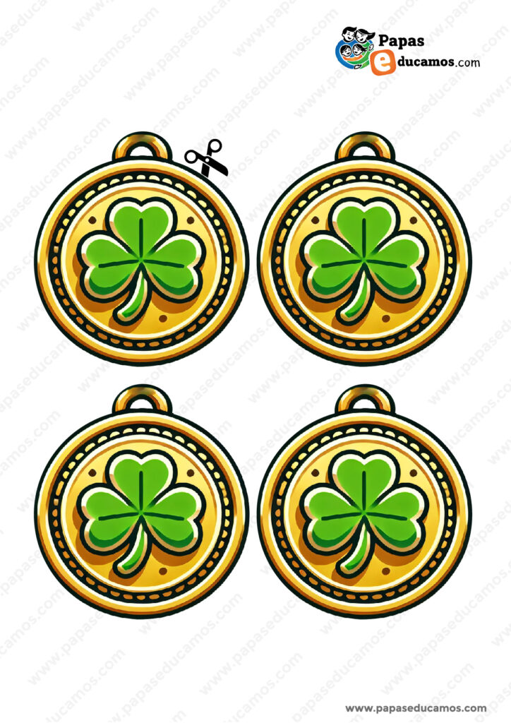 Plantilla imprimible de medallas de trébol doradas para manualidades de St. Patrick’s Day. Perfecta para recortar, plastificar y convertir en accesorios festivos.