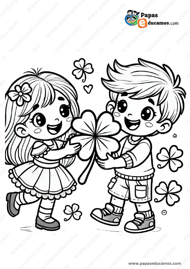 Ilustración en blanco y negro de un niño y una niña sosteniendo un trébol de cuatro hojas, rodeados de corazones y tréboles, ideal para colorear en St. Patrick’s Day.
