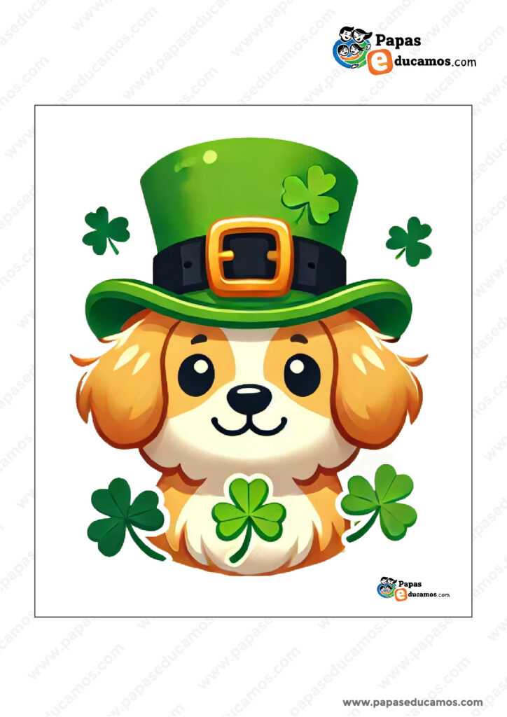 Ilustración de un perrito con sombrero de duende y tréboles de la suerte, perfecta para manualidades de St. Patrick’s Day.