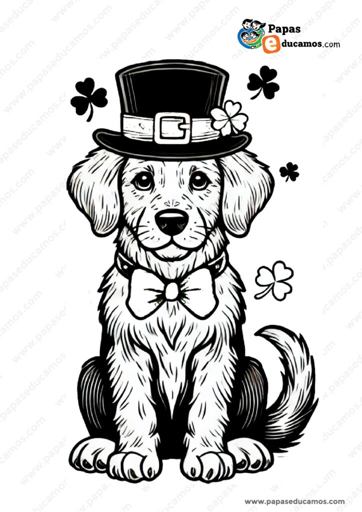 Dibujo de un perro con un sombrero de duende y un moño, rodeado de tréboles de la suerte, perfecto para colorear en St. Patrick’s Day.