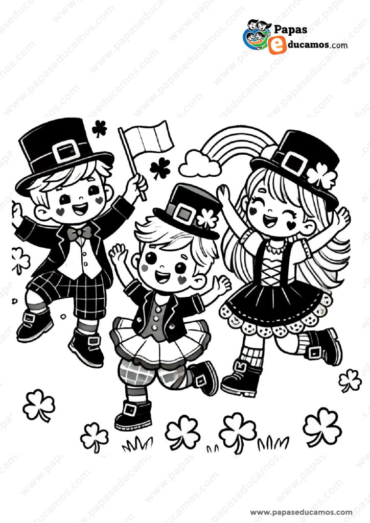 Dibujo para colorear de niños vestidos con ropa tradicional de St. Patrick’s Day, saltando y celebrando con tréboles, banderas y un arcoíris.