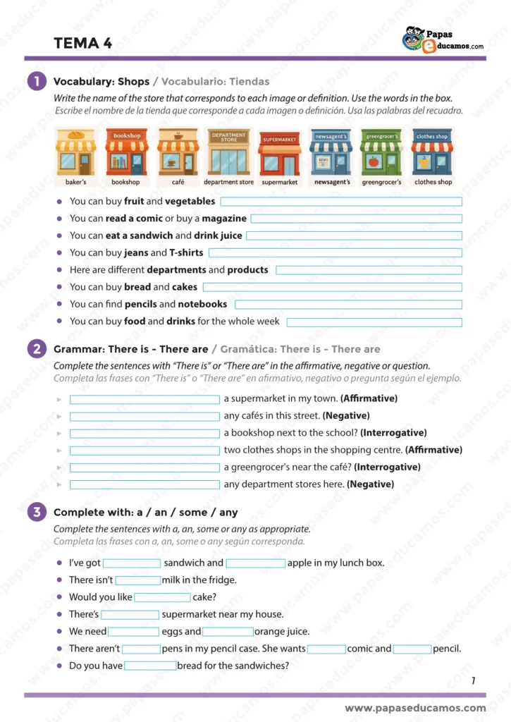 Primera página de ejercicios de inglés para cuarto de primaria. Incluye vocabulario sobre tipos de tiendas como bakery, bookshop, café y supermarket, con imágenes y ejercicios de asociación. Basado en el libro GO! 4 de Richmond.