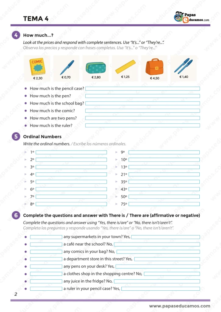 Segunda página de ejercicios de inglés sobre estructuras gramaticales 'there is / there are' en afirmativo, negativo e interrogativo. Incluye prácticas con objetos escolares y actividades para completar frases. Basado en el libro GO! 4 de Richmond.