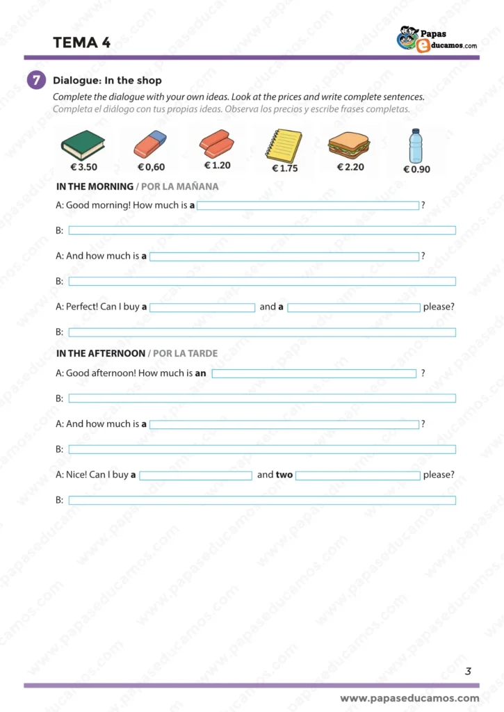 Tercera página de ejercicios de inglés para cuarto de primaria. Contiene prácticas con artículos 'a, an, some, any', números ordinales, y diálogos de compra en tienda usando 'How much...?' y respuestas con precios. Basado en el libro GO! 4 de Richmond.