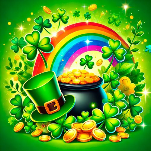 cabecera-patricks-day Imagen vibrante de St. Patrick’s Day con un sombrero de duende, un caldero lleno de monedas doradas, tréboles y un arcoíris brillante sobre un fondo verde festivo.