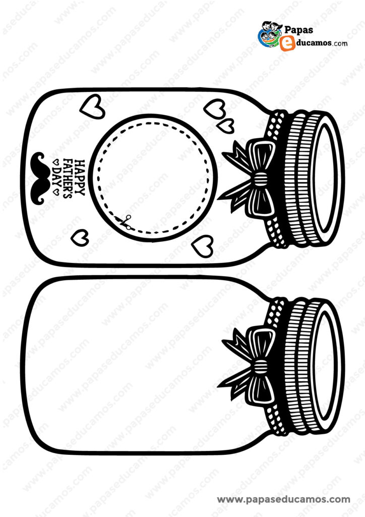 Plantilla en blanco y negro de un tarro decorado con corazones, un lazo y la frase 'Happy Father's Day'. La imagen incluye un círculo recortable en el centro para colocar una bolsa con dulces. Ideal para manualidades del Día del Padre.