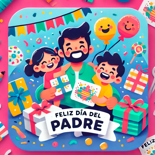 img-cabecera-día-del-padre Ilustración colorida de un padre sonriente con sus hijos sosteniendo regalos y tarjetas de felicitación. Fondo festivo con globos, confeti y un cartel que dice 'Feliz Día del Padre'.