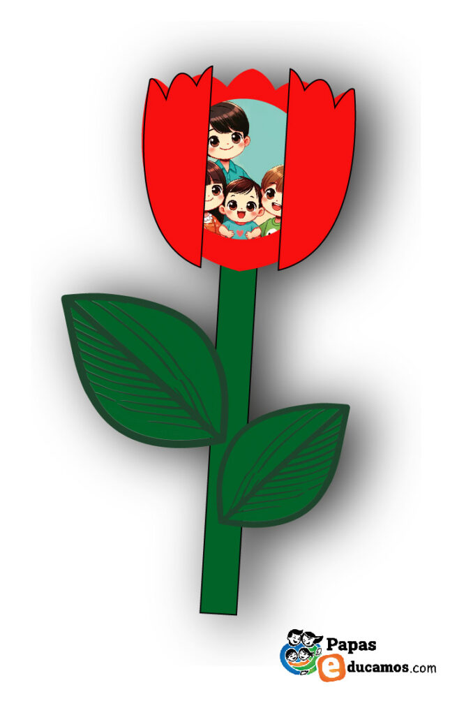 Manualidad de tulipán para el Día del Padre. El tulipán rojo tiene pétalos que se abren para revelar una foto de familia en su interior. El tallo y las hojas son verdes, completando la flor como un regalo personalizado para papá.