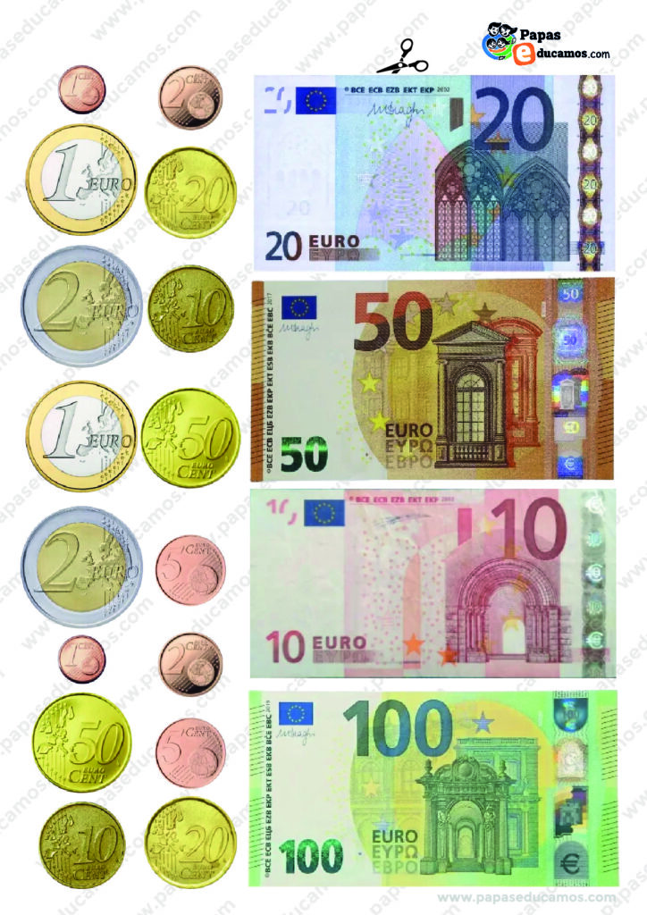 Recurso imprimible para niños con billetes y monedas en euros. Incluye imágenes de billetes de 10€, 20€, 50€ y 100€, y monedas desde 1 céntimo hasta 2 euros. Diseñado para ser recortado y usado como material manipulativo en actividades de matemáticas en Primaria.