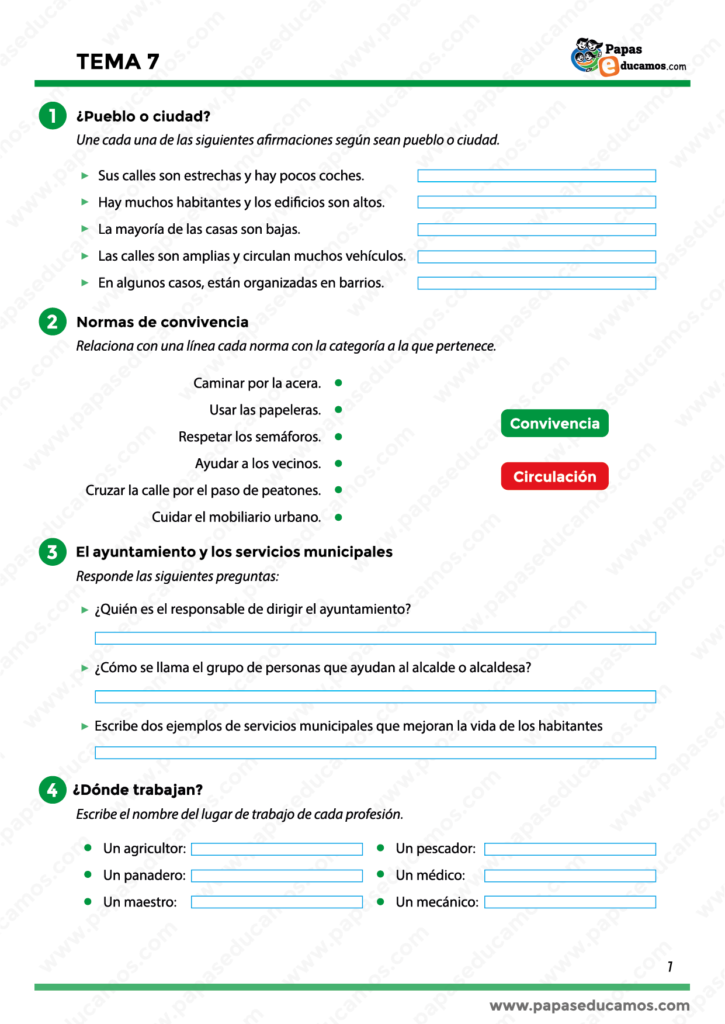 Primera página del Tema 7 de Conocimiento del Medio para Segundo de Primaria. Clasificación entre pueblo y ciudad, normas de convivencia y funciones del ayuntamiento.