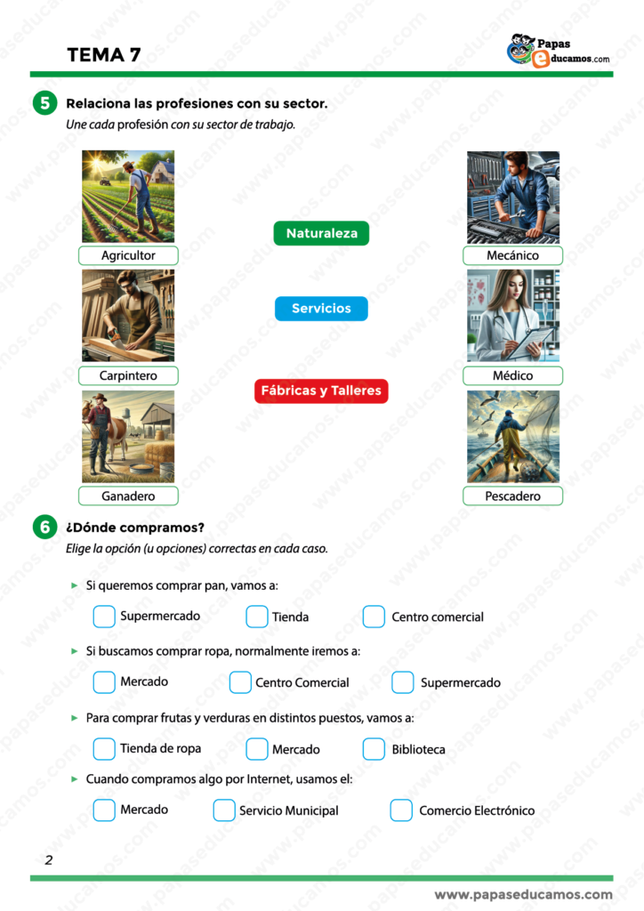 Segunda página del Tema 7 de Cono. Relación entre profesiones y sectores de trabajo como servicios, naturaleza o fábricas, y actividades sobre lugares de compra.