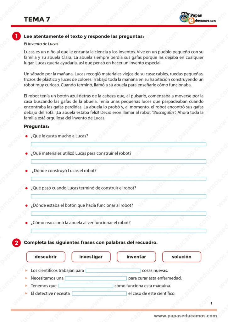 Página 1 de los ejercicios del Tema 7 de Lengua para Segundo de Primaria. Contiene lectura comprensiva, formación de palabras derivadas y uso del vocabulario en contexto, según el libro Construyendo Mundos de Santillana.