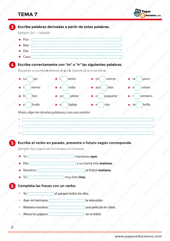 Página 2 de actividades del Tema 7 de Lengua para Segundo de Primaria. Incluye ejercicios de ortografía con M y N, tiempos verbales y uso correcto de los verbos, basados en Construyendo Mundos (Santillana).