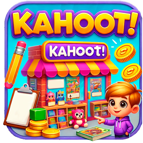img-kahoot-compras Imagen educativa en estilo 3D con niños y objetos escolares relacionados con compras. Ilustración con temática de tiendas y precios para un Kahoot de inglés en cuarto de primaria.