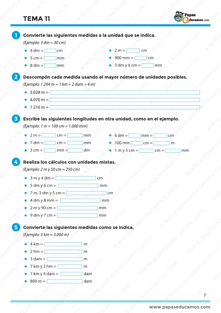 Ejercicios de matemáticas para cuarto de primaria sobre conversión de unidades de longitud: metros, centímetros, milímetros, kilómetros y decámetros. Actividades con cuadros de equivalencias y transformaciones simples.