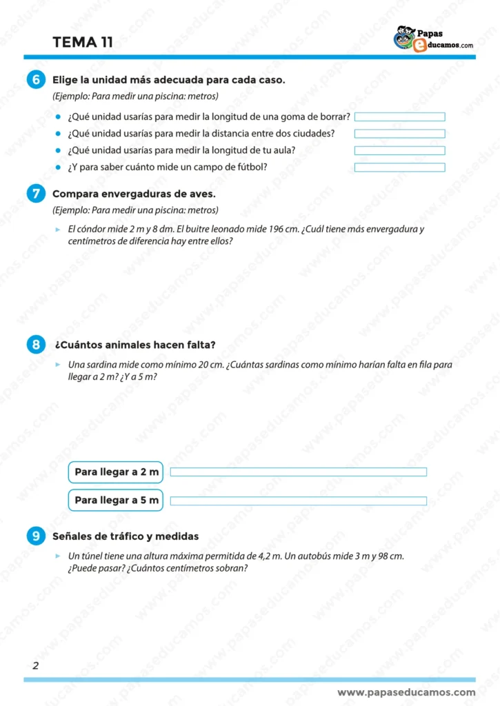 Actividades para elegir la unidad de medida más adecuada y comparar longitudes reales como la envergadura de aves. Ejercicios con situaciones prácticas de la vida cotidiana.