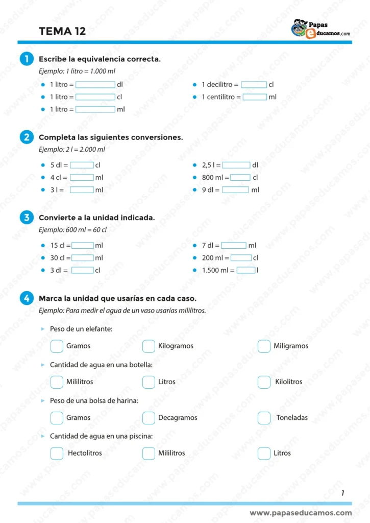 Ejercicios de matemáticas para cuarto de primaria sobre unidades de capacidad. Actividades con equivalencias entre litros, mililitros, decilitros y centilitros, y selección de unidades adecuadas según el contexto.