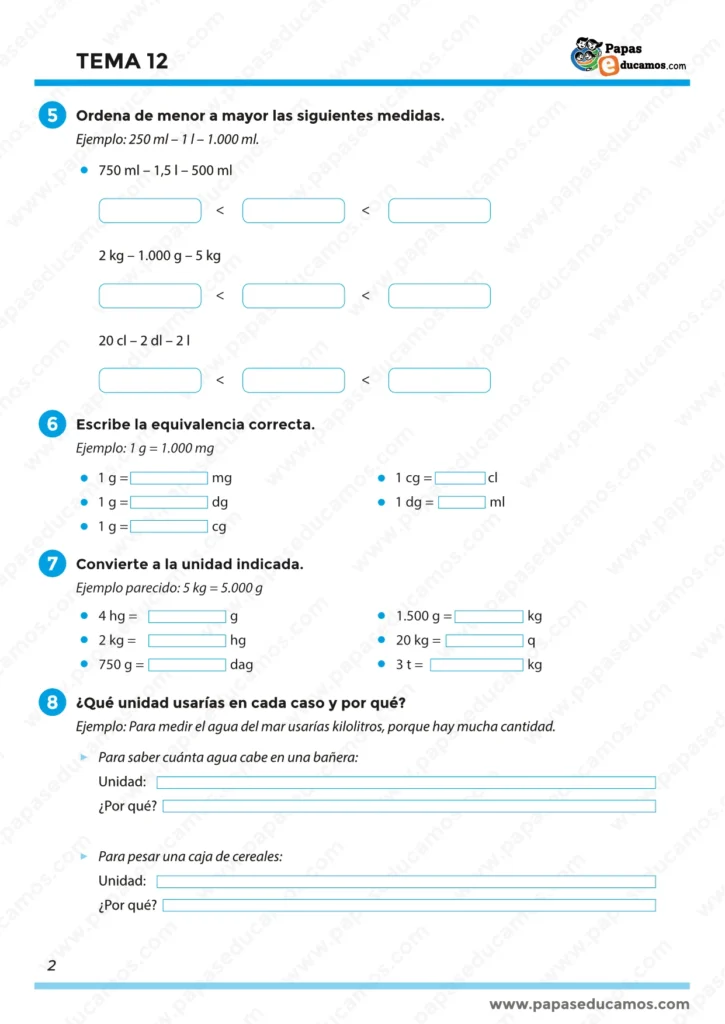 Ficha didáctica para convertir medidas de capacidad y resolver problemas con botellas, jarras y recipientes. Actividades visuales para reforzar el uso correcto de unidades métricas.