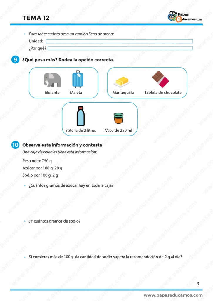 Ejercicios sobre unidades de masa con conversiones entre gramos, kilogramos y miligramos. Comparación de pesos y selección de unidades adecuadas para objetos cotidianos.