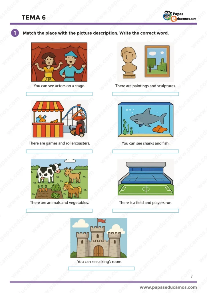 Actividad de inglés para cuarto de primaria con vocabulario de lugares como teatro, museo, feria, acuario y granja. Incluye ilustraciones y descripciones para identificar cada sitio.