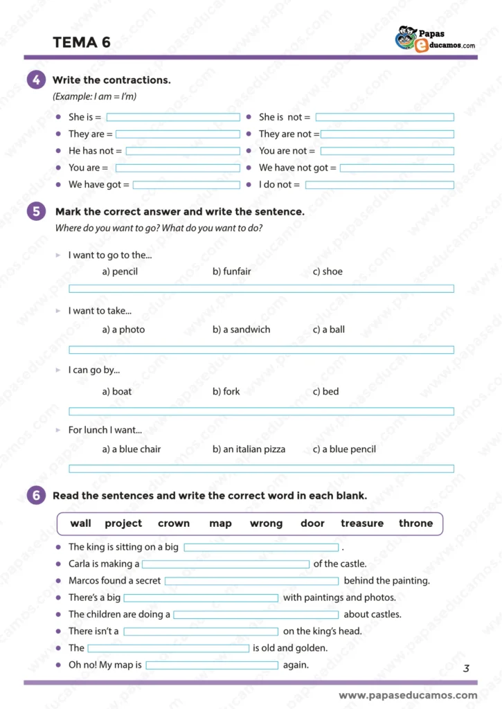 Ficha de inglés con preposiciones de lugar (in front of, behind, between, next to) y uso de contracciones como isn’t y aren’t. Actividades visuales para cuarto de primaria.