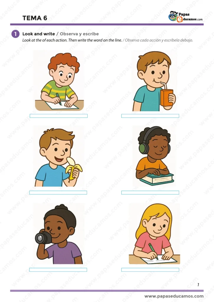Primera página del Tema 6 de inglés para segundo de primaria. Actividades con imágenes para identificar acciones como write, draw, eat, drink. Ideal para practicar vocabulario cotidiano en inglés con niños de 7-8 años.