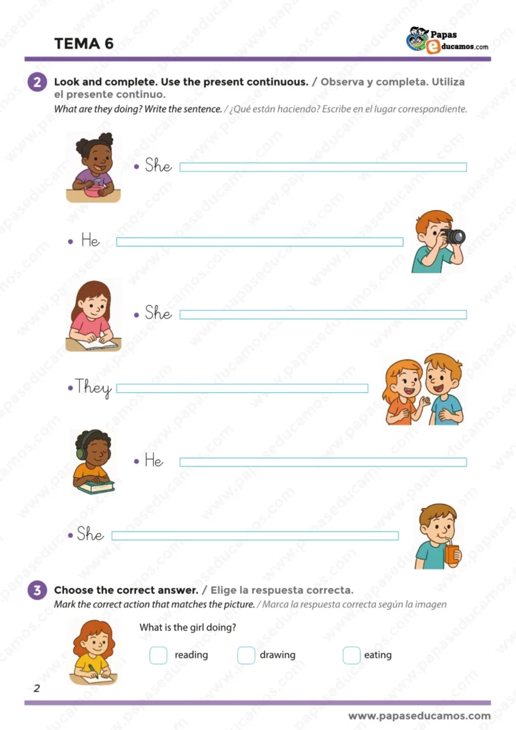 Primera página del Tema 6 de inglés para segundo de primaria. Actividades con imágenes para identificar acciones como write, draw, eat, drink. Ideal para practicar vocabulario cotidiano en inglés con niños de 7-8 años.