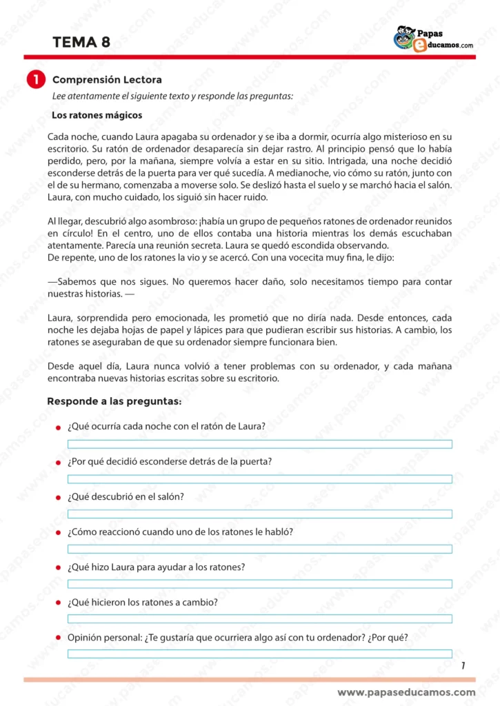 Ficha de comprensión lectora para segundo de primaria con el cuento “Los ratones mágicos”. Incluye preguntas sobre el texto para trabajar la atención al detalle, la secuencia de acciones y la reflexión personal sobre la historia.