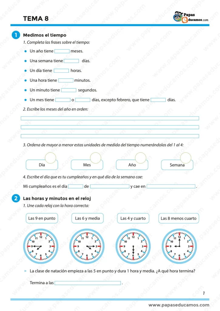 Ficha educativa de matemáticas para segundo de primaria sobre las unidades de tiempo. Incluye actividades para ordenar meses, conocer equivalencias entre años, semanas, días, horas, minutos y segundos, y ejercicios para escribir el cumpleaños y el día de la semana correspondiente.