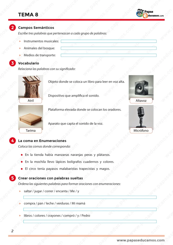 Ejercicios de vocabulario y campos semánticos para niños de segundo de primaria. Incluye actividades para escribir palabras de categorías como instrumentos, animales del bosque y medios de transporte, y relacionar imágenes con palabras como atril, micrófono y altavoz.