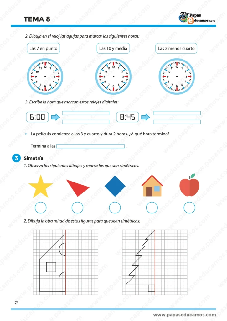 Ejercicios de lectura del reloj para segundo de primaria. Actividades con relojes analógicos para identificar y escribir la hora exacta, media y en punto. Incluye asociación de horarios con actividades diarias como clases y películas.