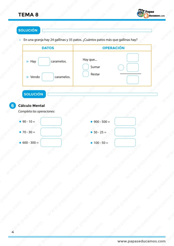 Problemas matemáticos y ejercicios de cálculo mental para segundo de primaria. Incluye sumas y restas aplicadas a situaciones cotidianas, como contar niños o caramelos, y operaciones mentales con decenas y centenas.