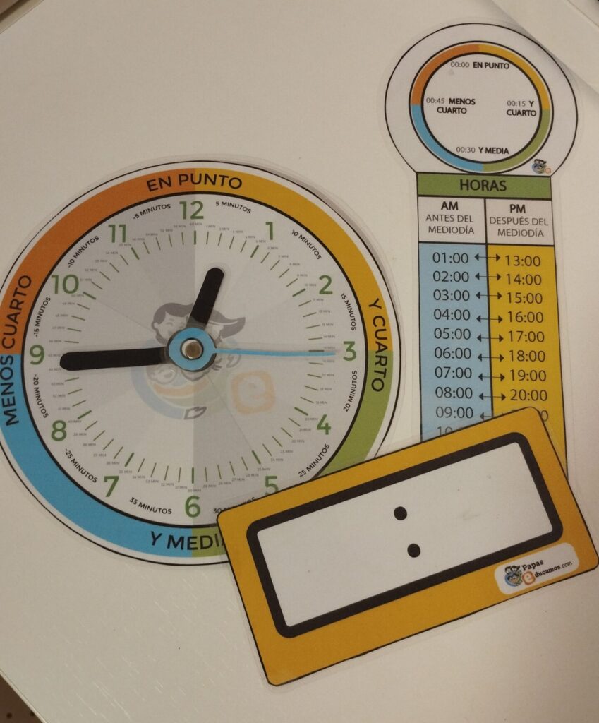 Reloj educativo manipulado para aprender las horas, con divisiones de colores que indican “en punto”, “y cuarto”, “y media” y “menos cuarto”. Incluye una tabla con equivalencias entre horas AM y PM, y una plantilla para escribir la hora en formato digital. Ideal para que niños de segundo de primaria practiquen la lectura del reloj analógico y digital de forma visual y táctil.