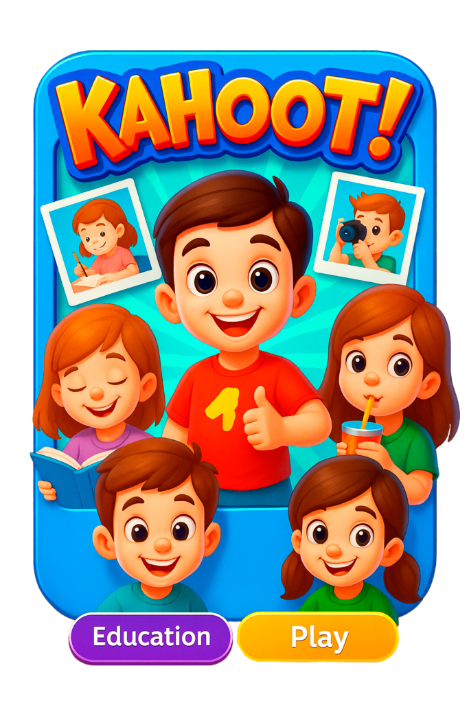 "Ilustración colorida en estilo cartoon 3D para Kahoot con niños sonrientes aprendiendo y jugando. Incluye imágenes tipo Polaroid con escenas educativas (leer, escribir, tomar fotos, beber), botones de 'Education' y 'Play', y un fondo brillante ideal para motivar la participación infantil.