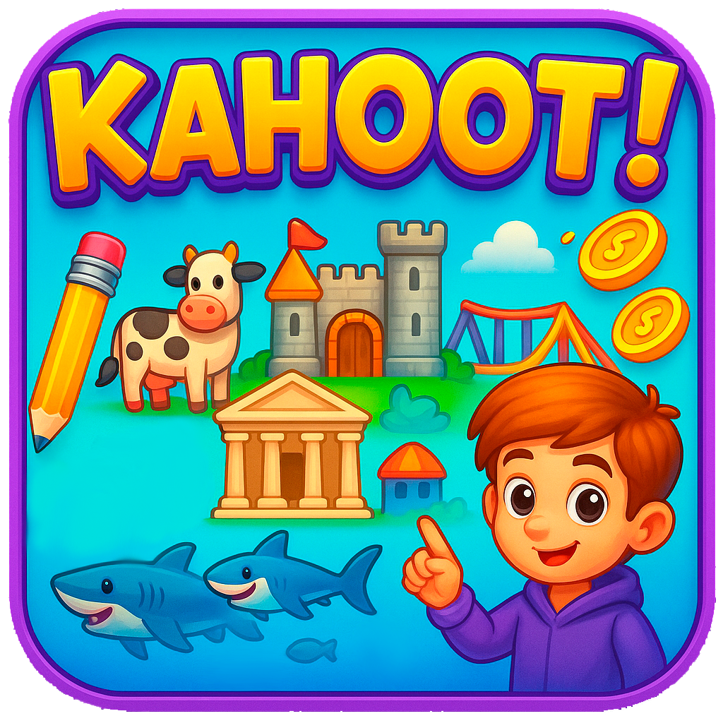 Ilustración colorida en estilo cartoon que muestra el logo de Kahoot y escenas del Tema 6: castillo, museo, feria, granja y acuario, con un niño señalando y elementos escolares como lápiz, monedas y animales. Ideal para representar un juego educativo interactivo de inglés para cuarto de primaria.