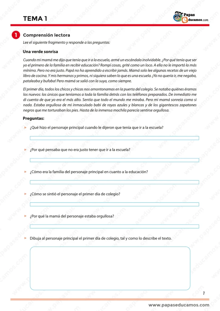 Página 1 de ejercicios de lengua para segundo de primaria. Actividad de comprensión lectora con preguntas sobre un cuento titulado “Una verde sonrisa”.