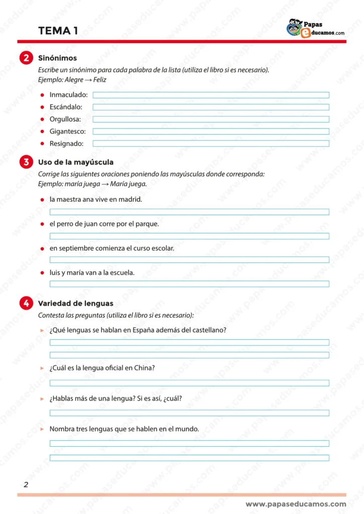 Página 2 de ejercicios de lengua. Incluye actividades de sinónimos, uso correcto de mayúsculas y preguntas sobre la variedad de lenguas en el mundo.